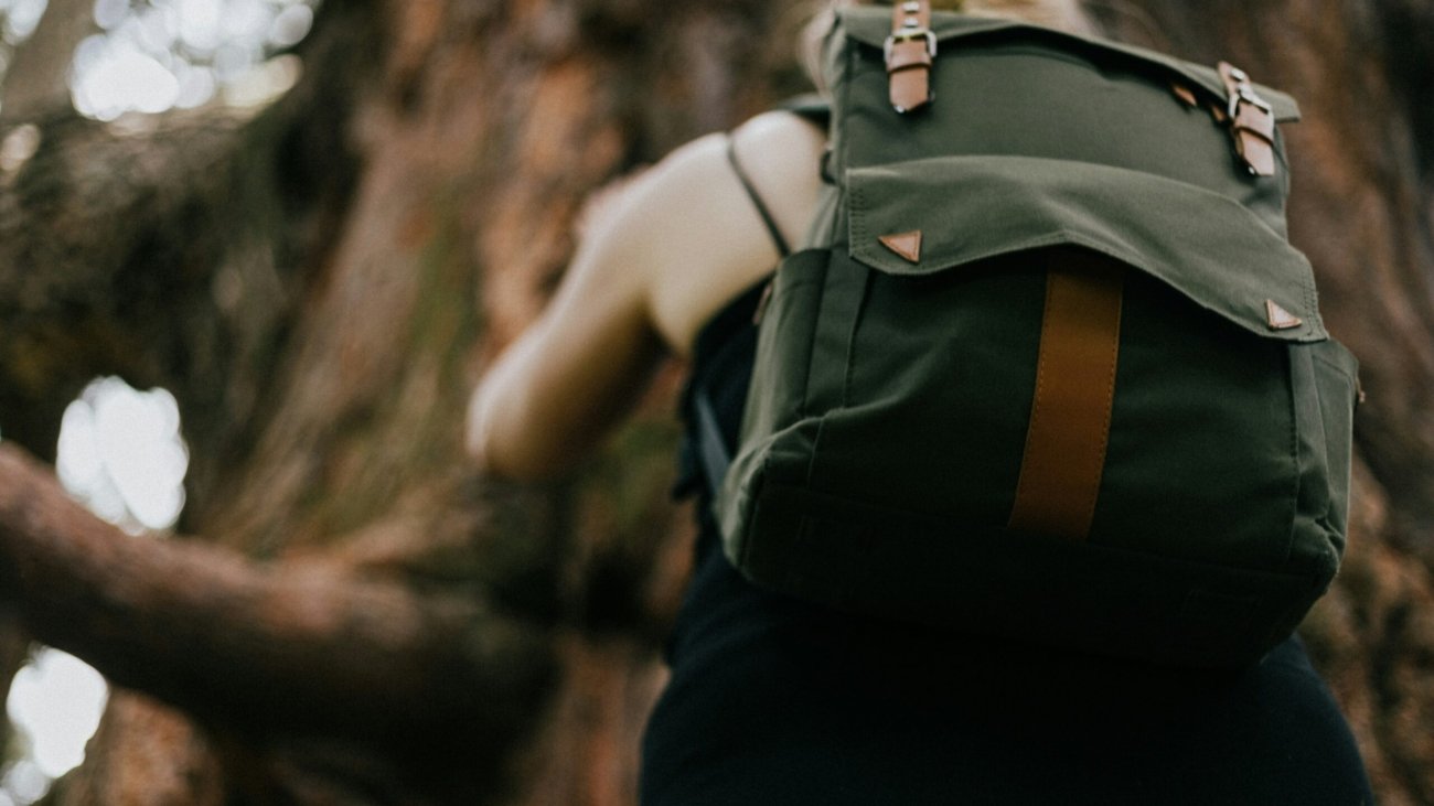 girl wearing green backpack climbing tree